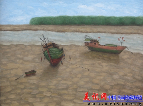 在沙滩上保养的小船(49.8x38.2cm).JPG