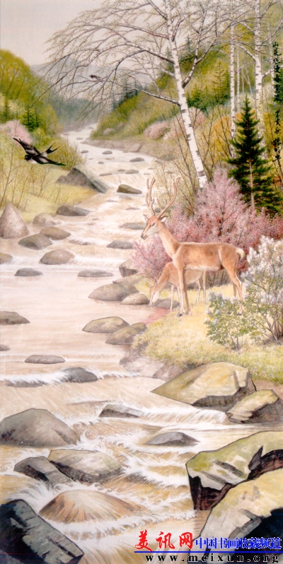 山花烂漫春意浓 中国画 138x69cm 2006年.jpg