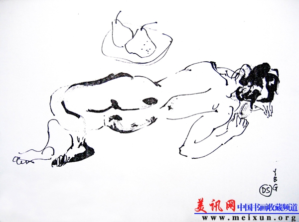 袁碧刚《躺在梨子旁边的女子》笔·墨·纸30×21cm 2011年.jpg