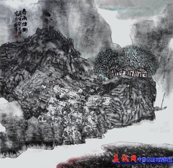 唐盛军（春鱼烟树图）4尺斗方，宣纸，2013年.jpg