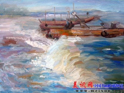 《浪》，2013年创作，油画60 80。作品介绍：谁不说自己的家乡好，我的家乡真的很美，有十万大山，有蓝蓝的大海，有一望无际的红树林，更有吃不完的海鲜，那真是一个好呀.jpg