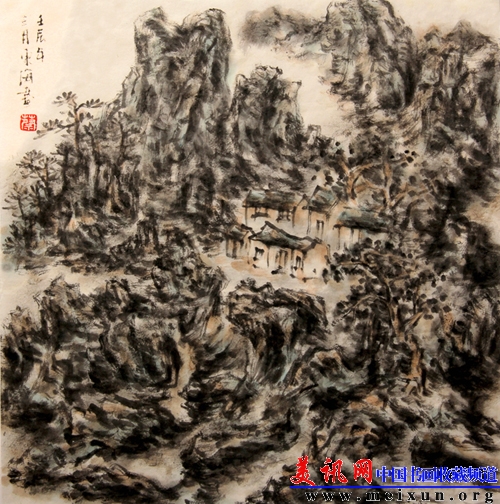 4蔡东海、《秋润山色乡居日》 2012年3月 35cm×35cm  纸本墨笔  广东佛山张槎中学（86453336@qq.com).jpg