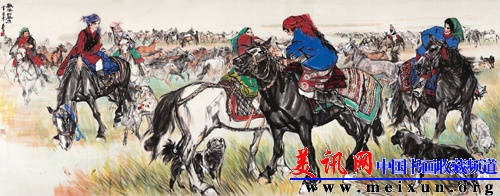 《欢腾的草原》  142×360cm 1981年 (此画于1983年胡耀邦总书记赠送给美国实业家、收藏家哈默博士).jpg