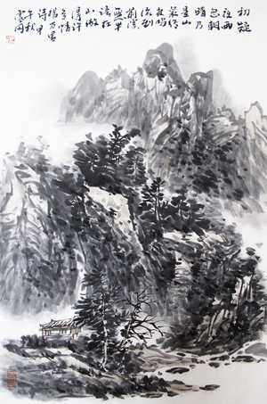 褚震冈  山泉夜鸣  69×45cm 立轴.jpg